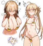  ! !! 3girls :t ahoge alternate_breast_size_(larger) artoria_caster_(fate) artoria_pendragon_(fate) bikini black_hair blonde_hair blush blush_stickers breast_envy breasts cleavage collarbone ebora fate/grand_order fate_(series) gareth_(fate) gold_bikini green_eyes hair_flaps hands_on_own_cheeks hands_on_own_face highres huge_breasts long_hair low_twintails melusine_(fate) micro_bikini multiple_girls navel partially_visible_vulva pout puff_of_air short_hair sideboob simple_background small_breasts stomach sweat swimsuit twintails underboob white_background 