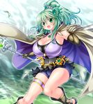  1girl absurdres blush breasts cape choker cleavage duel_monster elbow_gloves female gloves green_hair hair_ornament huge_breasts kogarashi_(wind_of_winter) legs long_hair open_mouth ponytail sandals shirt shorts skirt solo sorceress staff winda_priestess_of_gusto yu-gi-oh! 