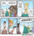 beard belt big_nose black_beard black_eyes black_facial_hair black_hair blonde_hair blue_clothing blue_hair blue_robe bottomwear bowing brown_bottomwear brown_clothing brown_footwear brown_pants brown_shirt brown_shoes brown_topwear building clothing comic crown elf elf_(merrivius) elf_comic english_text facial_hair female fence footwear green_clothing green_hair green_robe group hair hands_together headgear hi_res house human human_(merrivius) humanoid humanoid_pointy_ears long_ears male mammal merrivius mouth_closed orange_hair pants patting patting_back pointy_ears pointy_nose ponytail rake red_clothing red_robe robe rope rope_belt shack sharp_teeth shirt shoes short_hair slap speech_bubble teeth text tiara tools topwear