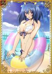  00s 1girl bashoku_youjou bikini blue_hair breasts card_(medium) cleavage curvy female hair_ornament ikkitousen large_breasts looking_at_viewer navel purple_eyes shiny_skin short_twintails smile solo standing swimsuit twintails water 