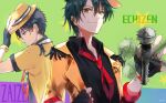  2boys adjusting_clothes adjusting_headwear carimarica character_request fingerless_gloves gloves hat holding holding_microphone jacket lapel_pin microphone multiple_boys necktie red_necktie short_hair spiked_hair spinning upper_body yellow_eyes yellow_hat yellow_jacket 
