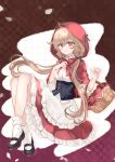  1girl absurdres ahoge apron basket black_shoes brown_hair capelet checkered_background cosplay frilled_apron frilled_skirt frills hair_flaps halloween_costume highres holding holding_basket little_red_riding_hood_(fairy_tale) little_red_riding_hood_(fairy_tale_character) little_red_riding_hood_(fairy_tale_character)_(cosplay) low_twintails mary_janes murasame_(halloween)_(kancolle) murasame_(kancolle) murasame_kai_ni_(kancolle) petals red_capelet red_eyes red_hood red_skirt shirt shoes skirt smile socks solo twintails white_apron white_shirt white_socks yukarume0927 