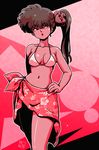  abstract_background black_hair breasts cleavage fingernails floral_print hand_on_hip hips kunou_kodachi limited_palette lips long_hair looking_to_the_side medium_breasts nail_polish navel pink_background ranma_1/2 red_eyes sarong scrunchie side_ponytail signature solo thighs wanta_(futoshi) white_bikini_top 