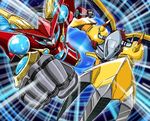  armor binary blue_eyes claws commentary_request digimon digimon_universe:_appli_monsters flying globemon green_eyes looking_at_viewer pen_(pen3) wargreymon wings 
