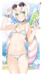 :o ass_visible_through_thighs beach bikini blue_sky blush breasts cloud cloudy_sky commentary_request cowboy_shot day eyewear_on_head facial_scar fate/apocrypha fate_(series) finger_on_trigger green_eyes gun hair_between_eyes halter_top halterneck holding holding_gun holding_weapon innertube jack_the_ripper_(fate/apocrypha) looking_at_viewer lowleg lowleg_bikini navel outdoors outside_border parted_lips scar short_hair side-tie_bikini sino_(sionori) sky small_breasts solo striped striped_bikini sunglasses swimsuit thigh_gap water_gun weapon wet white_hair wristband 