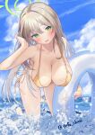  1girl artist_name bent_over bikini blue_archive breasts cleavage collarbone green_eyes green_halo halo hand_in_own_hair hanging_breasts highres holding holding_swim_ring large_breasts leaning looking_at_viewer nonomi_(blue_archive) nonomi_(swimsuit)_(blue_archive) ocean official_alternate_costume shiroitefu side-tie_bikini_bottom smile solo string_bikini swim_ring swimsuit yellow_bikini 