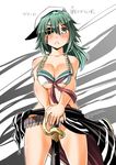  :&lt; alternate_costume blush breast_squeeze breasts commentary_request eyepatch green_eyes green_hair hat highres kantai_collection kiso_(kantai_collection) large_breasts long_hair neckerchief remodel_(kantai_collection) sailor_bikini sailor_collar sarong sogabe_toshinori solo sword translation_request twitter_username weapon 