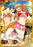  00s 2girls bare_legs bashoku_youjou bikini blonde_hair blue_hair bouncing_breasts breasts cleavage curvy female hair_ornament happy hug ikkitousen jumping large_breasts multiple_girls navel purple_eyes short_twintails skirt smile solo sonsaku_hakufu swimsuit twintails wink 