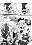  1girl bar_censor belt blush bow breast_slip censored closed_eyes comic cum cum_in_pussy detached_collar dress earrings ereshkigal_(fate/grand_order) fate/grand_order fate_(series) fujimaru_ritsuka_(male) greyscale hetero jewelry long_hair monochrome mori_marimo nipples nose_blush open_mouth panties panties_aside penis sex thighhighs tiara twintails underwear 