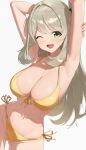  1girl absurdres arm_up ass_visible_through_thighs bikini blonde_hair blue_archive blush breasts chiisamekai cleavage collarbone front-tie_bikini_top front-tie_top green_eyes green_halo groin hair_between_eyes hair_bun halo highres holding_own_arm large_breasts long_hair looking_at_viewer navel nonomi_(blue_archive) nonomi_(swimsuit)_(blue_archive) one_eye_closed open_mouth side-tie_bikini_bottom single_side_bun smile solo swimsuit thighs yellow_bikini 