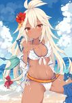  ahoge bare_shoulders beach bikini blue_sky blush bow breasts cloud commentary_request dark_skin day dragon flower front-tie_bikini front-tie_top granblue_fantasy hair_between_eyes hair_flower hair_ornament highres jacket large_breasts long_hair looking_at_viewer navel nibiiro_shizuka ocean off_shoulder outdoors red_eyes ribbon sitting sky solo spread_legs swimsuit tail tail_bow tail_ribbon water white_bikini white_hair zooey_(granblue_fantasy) 