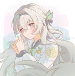  1girl absurdres artist_name black_hairband black_sailor_collar blue_eyes bow bowtie closed_eyes firefly_(honkai:_star_rail) firefly_(spring_missive)_(honkai:_star_rail) green_bow green_bowtie grey_hair hairband highres holding holding_letter honkai:_star_rail honkai_(series) horik_22 letter long_hair multicolored_eyes official_alternate_costume pink_eyes sailor_collar school_uniform shirt smile solo two-tone_eyes upper_body white_shirt 