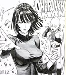  1girl alternate_costume bald bangs blunt_bangs breasts cape china_dress chinese_clothes chopsticks covered_navel cup_ramen dated debris dress fubuki_(one-punch_man) gloves greyscale hands holding holding_chopsticks large_breasts lips long_sleeves looking_at_viewer monochrome murata_yuusuke one-punch_man saitama_(one-punch_man) shikishi short_hair simple_background upper_body white_background 