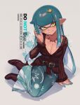  1girl aqua_hair aqua_pants belt boots breasts brown_belt cleavage closed_mouth collarbone colored_extremities commentary frilled_sleeves frills full_body hair_ornament hairclip hand_up highres inkling inkling_girl inkling_player_character jewelry jinkoika large_breasts long_hair long_sleeves necklace pants pointy_ears red_boots red_shirt shirt smile solo splatoon_(series) tentacle_hair yellow_eyes 