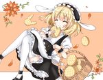  animal_ears apron bad_id bad_pixiv_id bangs basket black_footwear black_skirt blonde_hair blush bread bunny_ears closed_eyes closed_mouth commentary eating eyebrows_visible_through_hair facing_viewer fake_animal_ears flat_chest fleur_de_lapin_uniform floppy_ears flower food frilled_apron frilled_cuffs frilled_shirt frilled_skirt frills full_body gochuumon_wa_usagi_desu_ka? kirima_sharo maid_headdress melon_bread miyu19996513 plant puffy_short_sleeves puffy_sleeves shirt shoes short_hair short_sleeves skirt solo thighhighs two-tone_background underbust vines waist_apron white_apron white_legwear white_shirt wrist_cuffs 