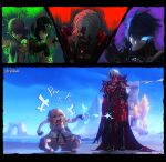  2boys 3girls absurdres ancient_egyptian_clothes antlers artist_name bandage_over_one_eye bandaged_head bandaged_torso bandages bandages_over_mouth bare_shoulders black_bandages black_gloves blonde_hair blue_hair breasts completely_unamused deer_antlers dress english_commentary english_text eye_tattoo finger_claws flins_(genshin_impact) flower game_screenshot_background game_screenshot_inset genshin_impact gloves green_hair hair_between_eyes hair_flower hair_ornament hair_over_one_eye highres horns large_breasts lauma_(genshin_impact) littleredhoodd long_hair looking_at_viewer lumine_(genshin_impact) mark_under_eye medium_hair multiple_boys multiple_girls mystical_high_collar nefer_(genshin_impact) open_mouth pointy_ears rerir_(genshin_impact) screenshot_background short_hair_with_long_locks squatting tattoo tongue tongue_out unamused white_dress white_flower white_hair yellow_eyes 