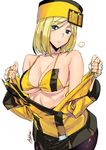  ashiomi_masato bare_shoulders bikini black_legwear blonde_hair blue_eyes breasts breath fingerless_gloves frown fur_hat gloves guilty_gear guilty_gear_xrd hat large_breasts looking_at_viewer millia_rage open_clothes open_shirt pantyhose shirt solo swimsuit ushanka white_background 