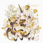  1girl animal_ears bare_shoulders black_bow black_bowtie black_gloves bow bowtie brown_shoes chibi chibi_only closed_mouth commission crown dress flower full_body gloves highres horns kanae_(cookie) long_hair looking_at_viewer original parted_bangs sheep_ears sheep_girl shoes short_sleeves simple_background single_horn smile socks solo twitter_username white_background white_dress white_hair white_socks yellow_eyes yellow_flower 