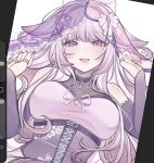  1girl art_program_in_frame bare_shoulders breasts commentary commission corset detached_sleeves dress english_commentary fingernails hair_ornament hands_up highres jewelry large_breasts long_hair long_sleeves looking_at_viewer nail_polish open_mouth original purple_corset purple_dress purple_eyes purple_hair purple_nails purple_veil ring rosheil see-through_clothes see-through_veil simple_background smile solo swept_bangs upper_body veil white_background x_hair_ornament 