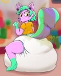 abdl clothing crouching diaper excessive_feces feces feces_bulge female green_hair hair hi_res horn hybrid hyper hyper_feces hyper_soiling inner_ear_fluff looking_back mammal mephitid onomatopoeia pink_body pooping raised_tail roleplay shirt skunk skunk_tail smelly soiled_diaper soiling soiling_diaper solo sound_effects stink_fumes stink_lines t-shirt tail teasyrat text topwear tuft unclean_diaper used_diaper yellow_eyes