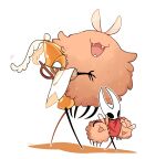  arthropod_girl arthropod_limbs black_eyes black_skin blank_eyes carrying carrying_under_arm cloak colored_skin fangs flea_(hollow_knight) fluffy full_body highres hollow_eyes hollow_knight hollow_knight:_silksong horned_mask hornet_(hollow_knight) horns hug huge_flea_(hollow_knight) humanoid_robot mask no_eyes no_humans red_cloak robot second_sentinel_(hollow_knight) simple_background starowarblern walking white_background white_cloak white_eyes white_mask 