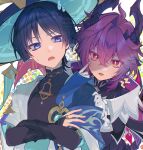  2boys :p absurdres ahoge akanbe amano_hotaru_(hotaama) anemo_symbol_(genshin_impact) aqua_gemstone aqua_kimono aqua_sleeves armor behind_another black_bodysuit black_bridal_gauntlets black_collar black_hair blue_cape blue_hat blunt_ends bodysuit bridal_gauntlets bright_pupils cape coat collar covered_collarbone crossed_arms crossed_bangs crystal diamond-shaped_pupils diamond_(shape) dragon_horns eyelid_pull eyeliner eyeshadow facial_mark feathers finger_to_eye fingernails forehead_mark furisode furrowed_brow gem genshin_impact gloves gold gold_ring hair_between_eyes hair_intakes hand_on_another&#039;s_shoulder hand_on_own_arm hat highres horns index_finger_raised japanese_armor japanese_clothes jingasa juban kimono kote kurokote layered_sleeves long_sleeves looking_at_viewer lower_teeth_only makeup mandarin_collar middle_ring mini_durin_(genshin_impact) mini_durin_(human)_(genshin_impact) multiple_boys open_clothes open_kimono open_mouth orange_eyes pink_hair pom_pom_(clothes) pose_imitation purple_coat purple_eyes purple_horns purple_rope purple_sleeves red_eyeliner red_eyeshadow red_gemstone rope scaramouche_(genshin_impact) short_sleeves shoulder_peek sweatdrop symbol-shaped_pupils teeth tilted_headwear tongue tongue_out twitter_username wanderer_(genshin_impact) watermark white_collar white_gloves white_kimono white_pupils white_sleeves white_trim wispy_bangs yellow_feathers 