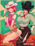  2girls absurdres black_hair black_hat black_pants breasts cleavage cowboy_hat cowboy_western cowgirl_(western) diforland english_text green_eyes green_shirt gun hair_over_eyes hat hat_tip highres jacket large_breasts long_hair multiple_girls one_eye_closed open_clothes open_jacket original pants pink_hair ponytail shirt signature sleeveless sleeveless_jacket weapon white_hat 