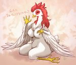  anthro avian beak bird breasts chicken dialogue eyes_closed feathers featureless_breasts female hair japanese_text melonleaf musical_note red_hair text translation_request white_feathers wings 