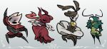  2boys ant_girl antennae arthropod_boy arthropod_girl black_eyes colored_skin crust_king_khann_(hollow_knight) dress dual_wielding extra_eyes flower full_body green_prince_(hollow_knight) highres holding holding_weapon hollow_eyes hollow_knight hollow_knight:_silksong mantis_boy monster_girl multiple_boys multiple_girls nyleth_(hollow_knight) pesticydes plant_girl red_dress red_skin skarr_scout_(hollow_knight) skarrsinger_karmelita_(hollow_knight) standing weapon white_background white_eyes white_flower white_mask 