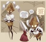  1girl 1other absurdres arthropod_girl capelet cloak english_text highres hollow_knight hollow_knight:_silksong hornet_(hollow_knight) humanoid_robot meme minart_(minart-was-taken) mixed_up_thought_and_speech_bubbles_(meme) multiple_views red_cloak robot second_sentinel_(hollow_knight) solid_eyes speech_bubble thought_bubble white_capelet 