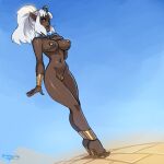  adara_(dr_graevling) ancient_egyptian_clothes anklet bracer breasts commentary dark-skinned_female dark_elf dark_skin dr_graevling elf english_commentary full_body gold gold_anklet gold_bracer gold_maebari gold_pasties hand_on_own_chest high_heels high_ponytail jewelry long_sidelocks maebari navel nude original pasties pointy_ears ponytail sidelocks signature simple_background sketch_background sky standing strappy_heels uraeus usekh_collar white_hair wide_hips 