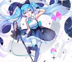  :d black_bow blue_eyes blue_hair blue_neckwear bow copyright_name floating_hair gloves hair_between_eyes hair_bow hand_in_hair hatsune_miku head_tilt headphones leaning_forward leg_up long_hair looking_at_viewer magical_mirai_(vocaloid) microphone_stand necktie open_mouth pantyhose shirt short_necktie smile solo standing standing_on_one_leg twintails very_long_hair vhumiku vocaloid white_gloves white_legwear white_shirt 