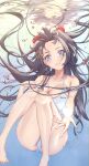  1girl absurdres air_bubble barefoot bikini black_hair blue_eyes bow breasts bubble cleavage closed_mouth collarbone commentary copyright_name floating_hair forehead full_body hair_bow hair_ornament heart heart_hair_ornament highres kitsune_hero knees_up large_breasts looking_at_viewer red_bow reflection reflective_water shirayuki_hina solo stellive swimsuit thighs underwater virtual_youtuber white_bikini 