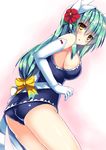  ass blue_swimsuit blush breasts commentary_request elbow_gloves eyebrows_visible_through_hair fate/grand_order fate_(series) flat_ass flower gloves green_hair hair_between_eyes hair_flower hair_ornament hair_ribbon kiyohime_(fate/grand_order) large_breasts long_hair looking_at_viewer ribbon ryokushiki_(midori-ya) school_swimsuit sideboob simple_background solo swimsuit white_gloves yellow_eyes yellow_ribbon 