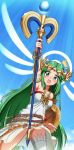  /\/\/\ 1girl :d absurdly_long_hair aqua_eyes arm_up armlet bangs bare_shoulders blue_sky blush bracelet bracer breasts cloud collarbone convenient_censoring cowboy_shot day dress dutch_angle gem glint goddess gold green_hair highres holding holding_staff jewelry kid_icarus legs_apart long_hair medium_breasts necklace nintendo no_panties open_mouth palutena parted_bangs shield single_thighhigh sky smile solo sparkle staff straight_hair strapless strapless_dress surprised sweat takahashi_umori thighhighs tiara twitter_username very_long_hair white_dress white_legwear 