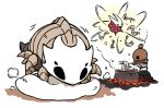  1boy 1girl arthropod_girl ballow_(hollow_knight) bell_beast_(hollow_knight) cauldron cloak commentary_request cooking dough food fuifui helmet holding hollow_eyes hollow_knight hollow_knight:_silksong horned_mask hornet_(hollow_knight) mask multiple_legs noodles red_cloak udon white_mask 