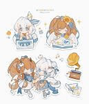  2girls ;) blue_eyes blue_skirt boots bright_pupils brown_hair chibi chibi_only closed_mouth commission dress frilled_skirt frills full_body hair_bun hair_ornament highres holding_hands horns kanae_(cookie) lace-up_boots letter long_hair looking_at_viewer multiple_girls multiple_views one_eye_closed original phonograph quill shirt short_hair short_sleeves simple_background skirt smile standing twintails twitter_username white_background white_boots white_dress white_hair white_pupils white_shirt x_hair_ornament 