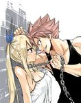  1girl arm_up artist_name black_shirt blonde_hair blue_ribbon blush breasts brown_eyes chain cleavage clenched_hand clenched_teeth closed_mouth collar covered_nipples eye_contact fairy_tail from_side grin hair_ribbon hetero letterboxed lips long_hair looking_at_another lucy_heartfilia mashima_hiro medium_breasts natsu_dragneel no_bra parted_lips pink_hair pout profile pulling ribbon shirt side_ponytail sideboob sidelocks sleeveless smile smirk spiked_hair sweat sweatdrop tank_top teeth upper_body wall_slam white_shirt 