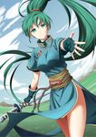  day dutch_angle earrings fingerless_gloves fire_emblem fire_emblem:_rekka_no_ken floating_hair gloves green_eyes green_gloves green_hair hair_between_eyes hair_ornament high_ponytail highres holding holding_sword holding_weapon jewelry kakiko210 katana long_hair looking_at_viewer lyndis_(fire_emblem) outdoors sheath sheathed smile solo standing sword very_long_hair weapon 