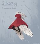  1girl arthropod_girl black_eyes black_skin cloak colored_skin english_text feathered_wings full_body highres hollow_eyes hollow_knight hollow_knight:_silksong horned_mask hornet_(hollow_knight) horns looking_up mask ratatosk777 red_cloak solo twitter_username white_mask white_wings wings 