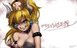  1girl armlet bangs bare_shoulders black_collar black_nails bowsette breasts bridal_gauntlets character_name cleavage collar crown earrings fangs fingernails grin hair_between_eyes hand_up highres horns jewelry long_hair mario_(series) medium_breasts nail_polish new_super_mario_bros._u_deluxe nintendo pointy_ears ponytail princess sharp_fingernails smile solo spiked_armlet spiked_collar spikes strapless super_crown takahashi_umori twitter_username upper_body v-shaped_eyebrows 