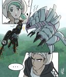  ! ... 1boy 1girl black_hair face-to-face golisopod grass green_hair guzma_(pokemon) hat highres katy_(pokemon) lokix mole mole_under_eye multicolored_hair pokemon pokemon_(creature) pokemon_sm pokemon_sv riodrawsstuff signature team_skull two-tone_hair white_hair 