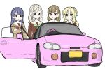  4girls :o animalization anyoji_hime aqua_hair black_bow blonde_hair blue_eyes blue_hair blush bow braid brown_cardigan brown_dress brown_hair car car_door cardigan center-flap_bangs ceras_yanagida_lilienfeld commentary_request crossed_arms dress gradient_hair green_neckerchief grey_hair hair_bow hair_ribbon half_updo hasu_no_sora_school_uniform heisei_gals!!!!_(love_live!) kachimachi_kosuzu link!_like!_love_live! long_sleeves love_live! motor_vehicle multicolored_hair multiple_girls murano_sayaka neckerchief open_cardigan open_clothes osawa_rurino parted_lips pink_car pink_ribbon red_neckerchief ribbon ruri&amp;to_(love_live!) sailor_collar sailor_dress school_uniform seal_(animal) side_braids simple_background tazaki_masanobu twintails virtual_youtuber white_background white_sailor_collar winter_uniform 