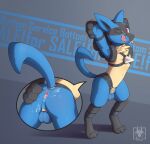 anthro balls bodily_fluids butt chastity_cage chastity_device cum cum_in_ass cum_inside cum_on_butt cum_on_face fur generation_4_pokemon genital_fluids genitals hi_res licking licking_lips licking_own_lips looking_at_viewer lucario male n1k0 nintendo pokemon pokemon_(species) presenting presenting_hindquarters self_lick solo standing tail tongue tongue_out