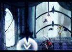  1girl 1other against_glass arthropod_girl arthropod_limbs bench black_skin blurry blurry_foreground cloak colored_skin full_body hand_on_glass highres hollow_knight hollow_knight:_silksong horned_mask hornet_(hollow_knight) horns indoors letterboxed looking_at_another mask needle_(hollow_knight) no_humans oxide_cat red_cloak second_sentinel_(hollow_knight) sitting standing weapon white_cloak white_mask 