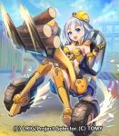  1girl armor black_gloves blue_eyes blue_sky cloud copyright_notice elbow_gloves fork_loader_(wixoss) gloves grey_hair hokuyuu looking_at_viewer medium_hair official_art open_mouth outdoors sky smile solo strapless tube_top wixoss yellow_armor yellow_tube_top 