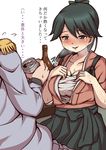  1girl absurdres admiral_(kantai_collection) bad_id bad_pixiv_id beer_can black_eyes black_hair blush breasts breath can check_translation cleavage collarbone commentary_request epaulettes flying_sweatdrops hair_ribbon high_ponytail highres houshou_(kantai_collection) japanese_clothes kantai_collection large_breasts midnight_(midnightstream3) ribbon sarashi sweat translation_request 