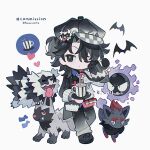 1boy ball_hands black_eyes black_hair black_hat black_pants black_shirt black_shoes closed_mouth commission cup full_body galarian_zigzagoon gastly hat highres holding holding_cup holding_teapot kanae_(cookie) long_sleeves looking_at_viewer male_focus original pants parted_bangs pokemon pokemon_(creature) poochyena pouring shirt shoes short_hair simple_background standing teapot twitter_username white_background zorua 