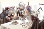  3girls bat_wings blonde_hair blue_hair bow braid chair cup flandre_scarlet food gloves green_bow hair_bow hat hat_ribbon izayoi_sakuya maid_headdress mob_cap multiple_girls one_eye_closed open_mouth pancake plate red_eyes red_ribbon red_skirt remilia_scarlet ribbon short_sleeves side_braid silver_hair skirt skirt_set smile table tea teacup teapot touhou vest white_gloves wings yuki_(popopo) 