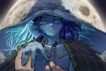  1girl 1other ambiguous_gender aqua_eyes blue_hair blue_skin blush brown_cloak cloak colored_skin commentary_request cracked_skin dress elden_ring extra_faces fingernails fur_cloak hat holding_hands jewelry large_hat long_hair looking_at_viewer mixed-language_commentary moon one_eye_closed pov pov_hands ranni_the_witch ring smile tarnished_(elden_ring) wedding_ring white_dress witch ys_doggy 